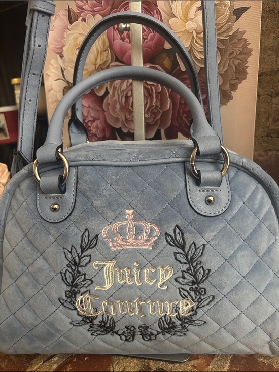 Juicy Couture Heritage Satchel Bag Embroidered Crown Logo  Juicy Couture Powder Blue Quilted Satchel with Embroidered Crest